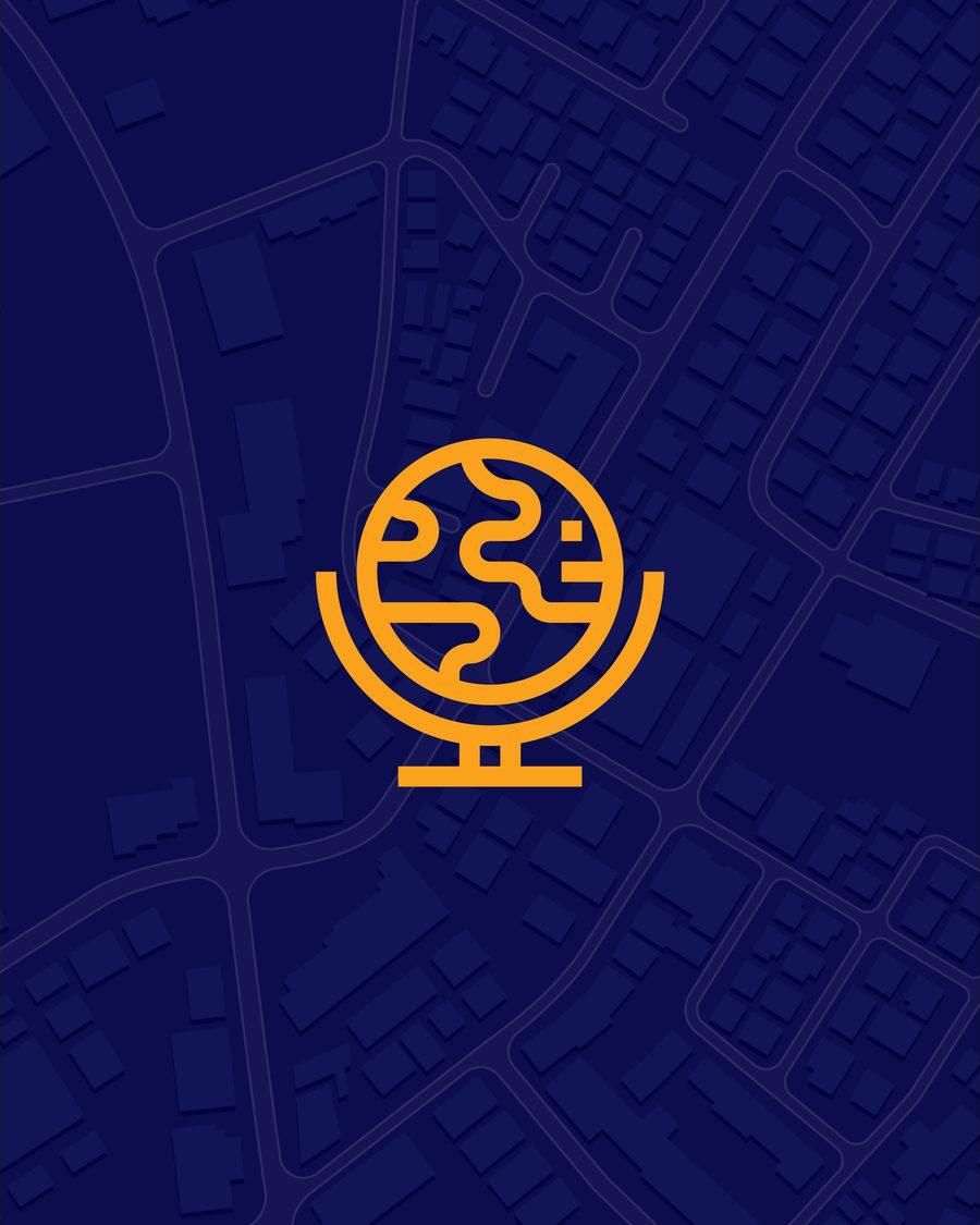 Globe icon in orange over a midnight city street map