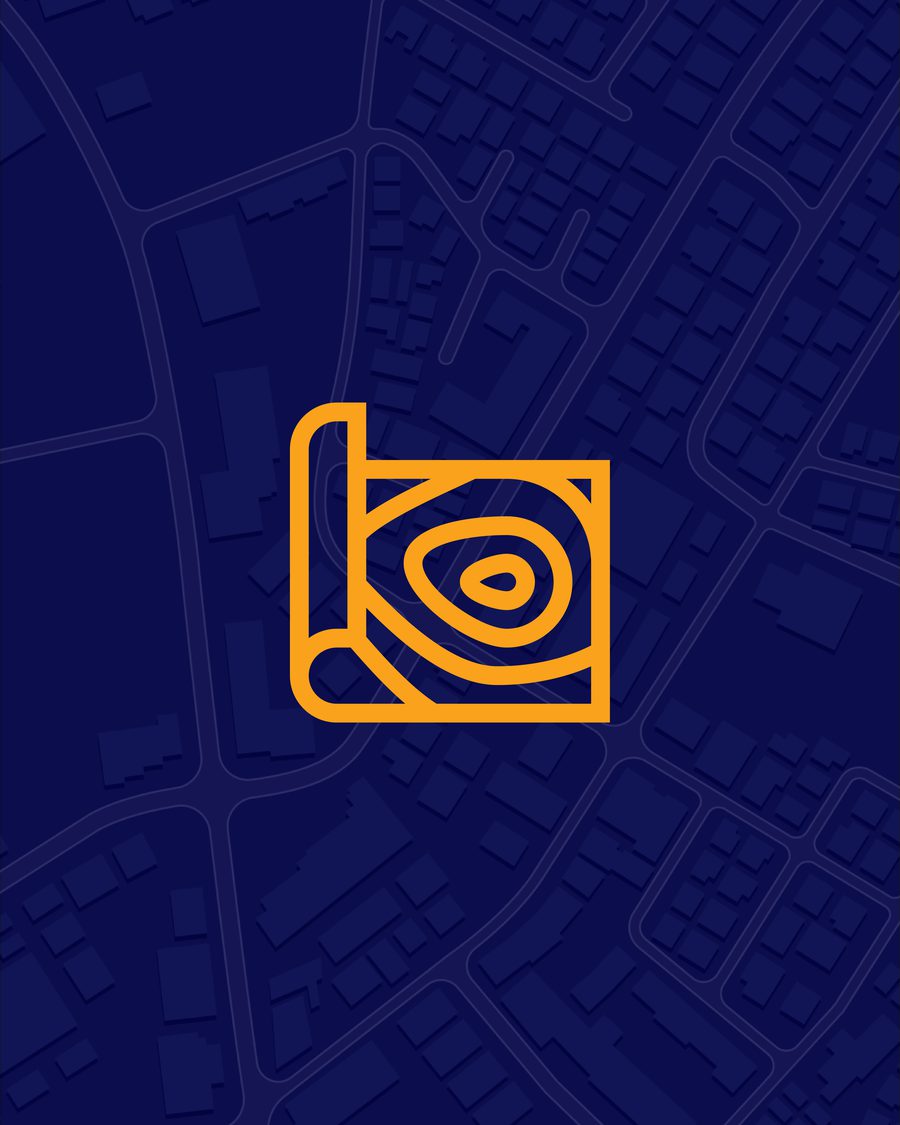 Folded map icon in orange over a midnight city street map
